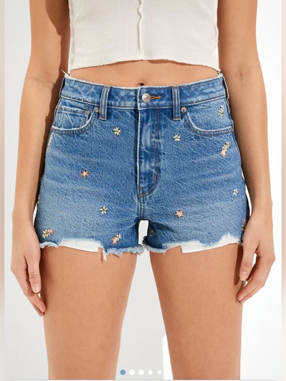 AE American Eagle High Rise Floral Embroidered Distressed Denim Mom Shorts Sz 0